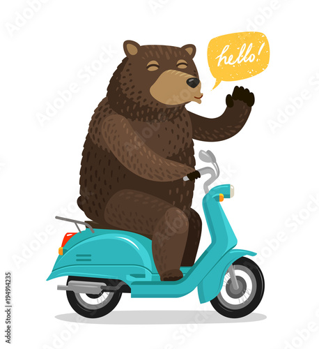 Funny bear riding a scooter. Circus concept. Cartoon vector illustration