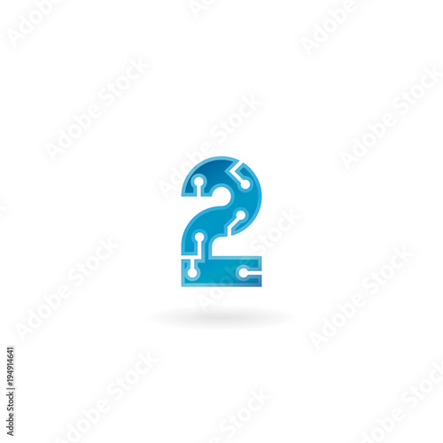 Number 2 icon. Technology smart two logo, computer and data related business, hi-tech and innovative, electronic.
