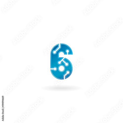 Number 6 icon. Technology smart six logo, computer and data related business, hi-tech and innovative, electronic.