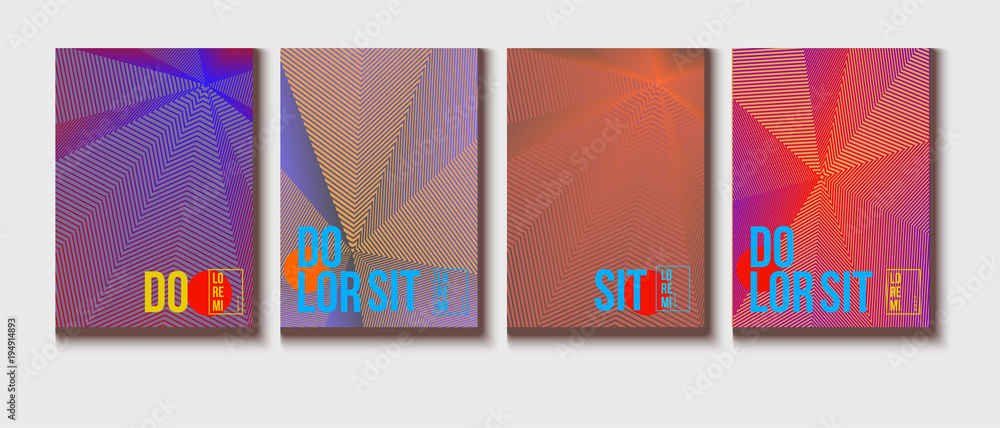 Neon Halftone Covers Set. Trendy Blend Lines Corporate Identity. Futuristic Posters, Geometric Business Backgrounds. Halftone Minimal Presentation Covers. Neon Colored Iridescent Print Design.