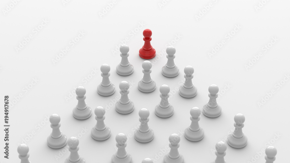 Leadership concept, red pawn of chess, standing out from the crowd of white pawns, on white background. 3D rendering. Leadership concept, red pawn of chess, standing out from the crowd of white pawns, on white background. 3D rendering.