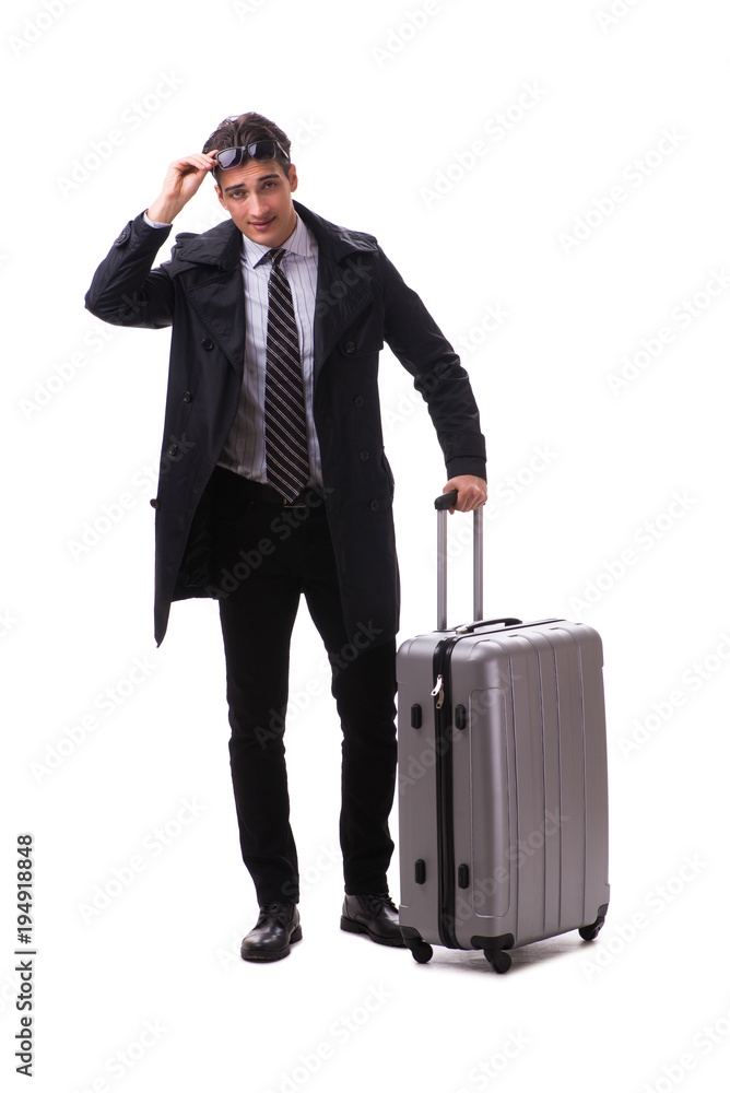Young businessman with suitcase ready for business trip on white Young businessman with suitcase ready for business trip on white
