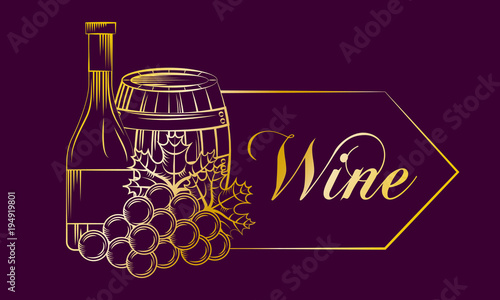 purple banner with gold design wine barrel bottle grapes drink vector illustration