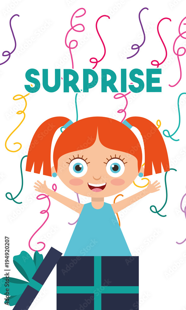 surprise cute girl in gift box streamers decoration - happy birthday card vector illustration surprise cute girl in gift box streamers decoration - happy birthday card vector illustration
