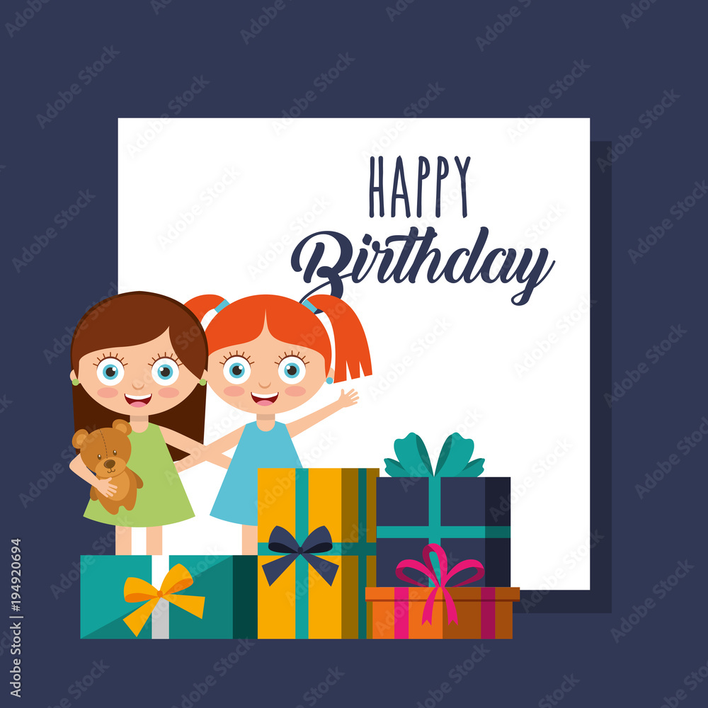 pretty girl and present boxes celebration - happy birthday card vector illustration pretty girl and present boxes celebration - happy birthday card vector illustration