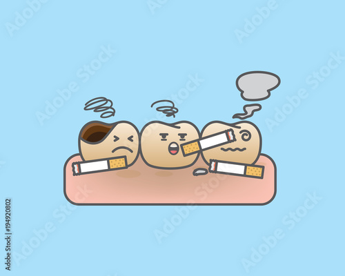 Tooth character smoking illustration vector on blue background. Dental concept.