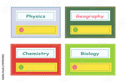  Set of rectangle science subjects school note book labels, physics, geography, biology, chemistry.