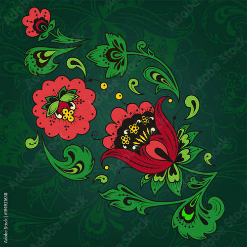 Ethnic floral ornament with leaves, flowers, berries. Russian folk style hohloma element