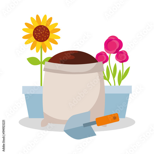 potted flower roses and sunflower sack soil and shovel gardening vector