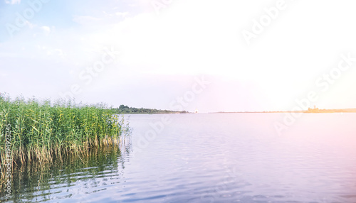 Landscape lake. Texture of water. The lake is at dawn. The mouth