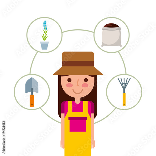 cute girl gardener in hat overalls nad gardening supplies vector