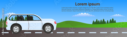 Car Driving Road In Nature Over Green Landscape Horizontal Banner With Copy Space Flat Vector Illustration