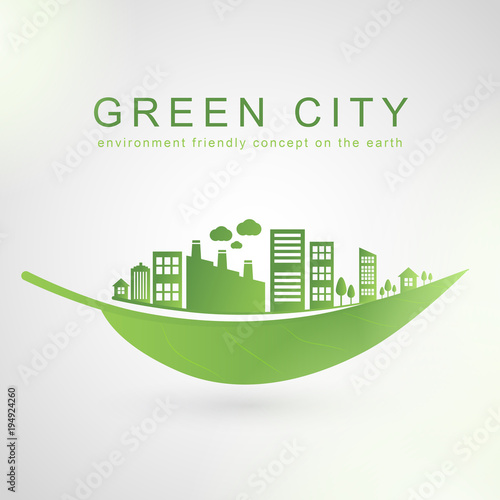 City buildings on green leaf design