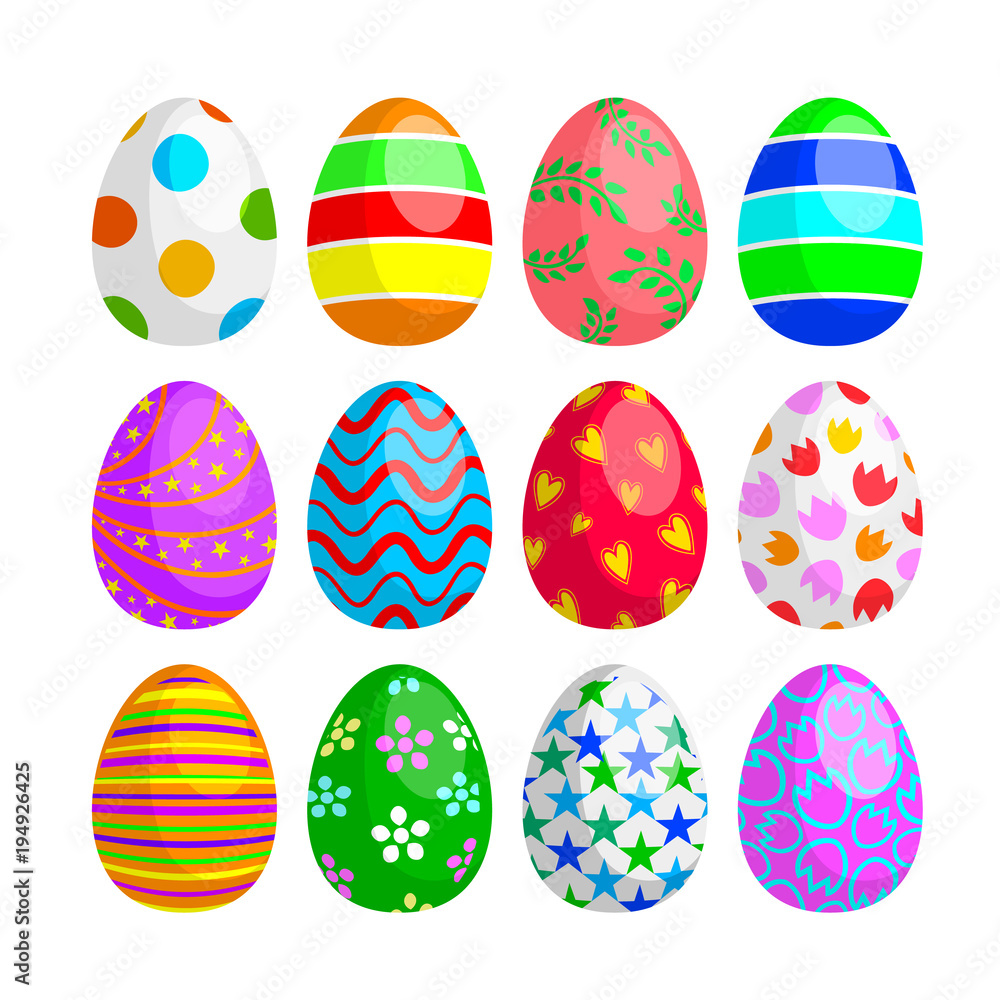 Set of Easter eggs with different texture. Happy Easter, Spring holiday. Illustration isolated on white background.