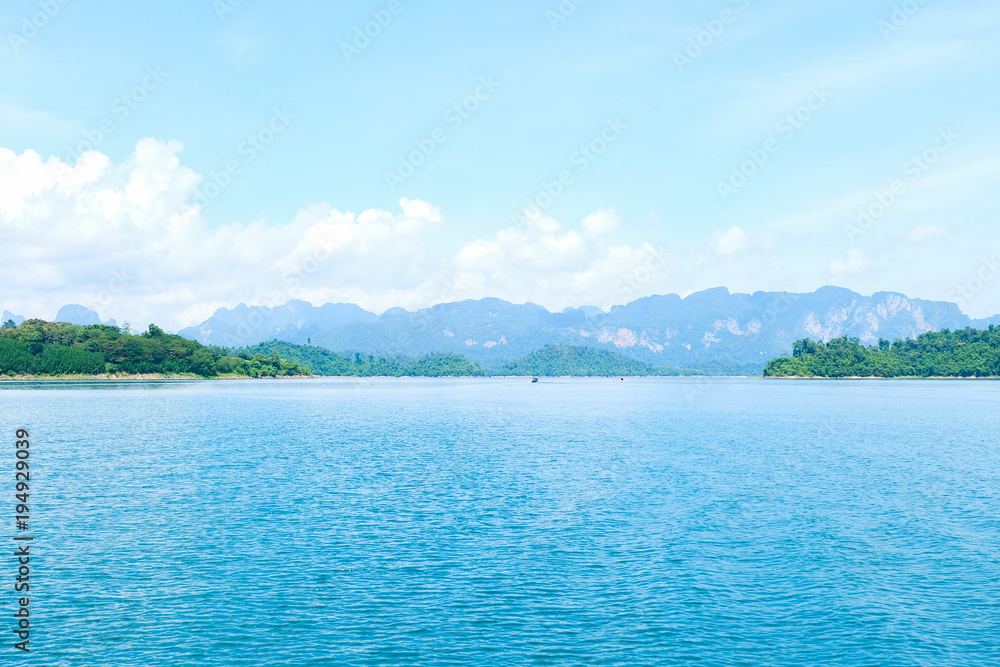 Panoramic views of limestone mountains with crystal green water, southern Thailand.