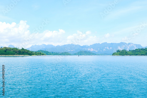 Panoramic views of limestone mountains with crystal green water, southern Thailand.