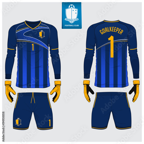 Goalkeeper jersey or soccer kit, long sleeve jersey, goalkeeper glove template design. Sport t-shirt mock up. Front and back view football uniform. Flat football logo label. Vector Illustration.