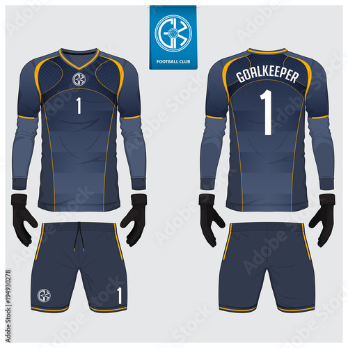 Goalkeeper jersey or soccer kit, long sleeve jersey, goalkeeper glove template design. Sport t-shirt mock up. Front and back view football uniform. Flat football logo label. Vector Illustration.