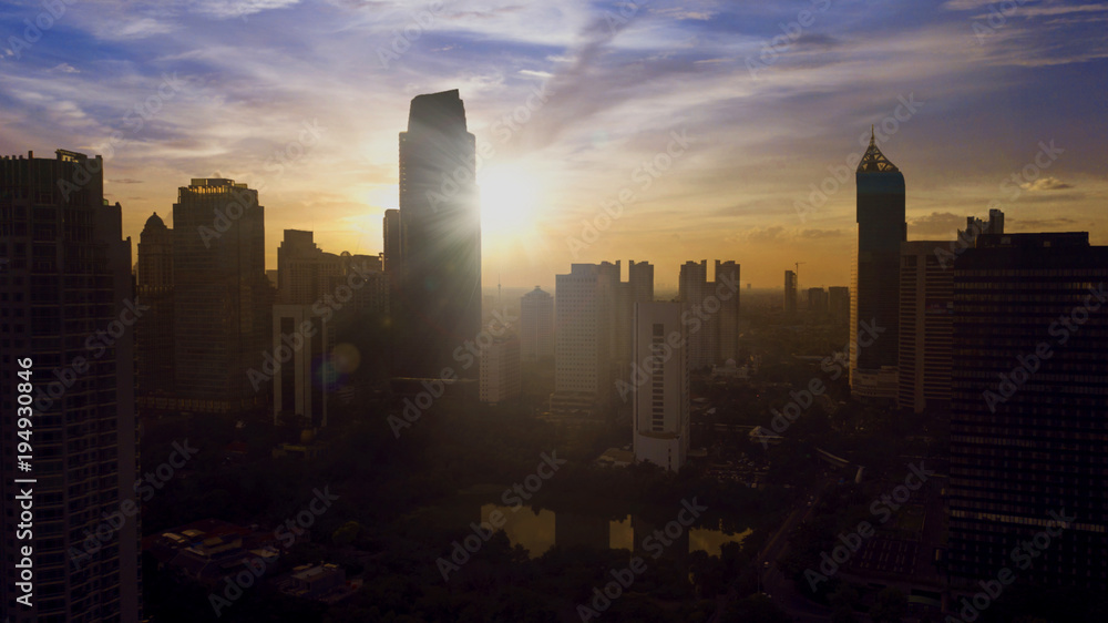 Fototapeta premium Silhouettes of Jakarta high office buildings in the morning