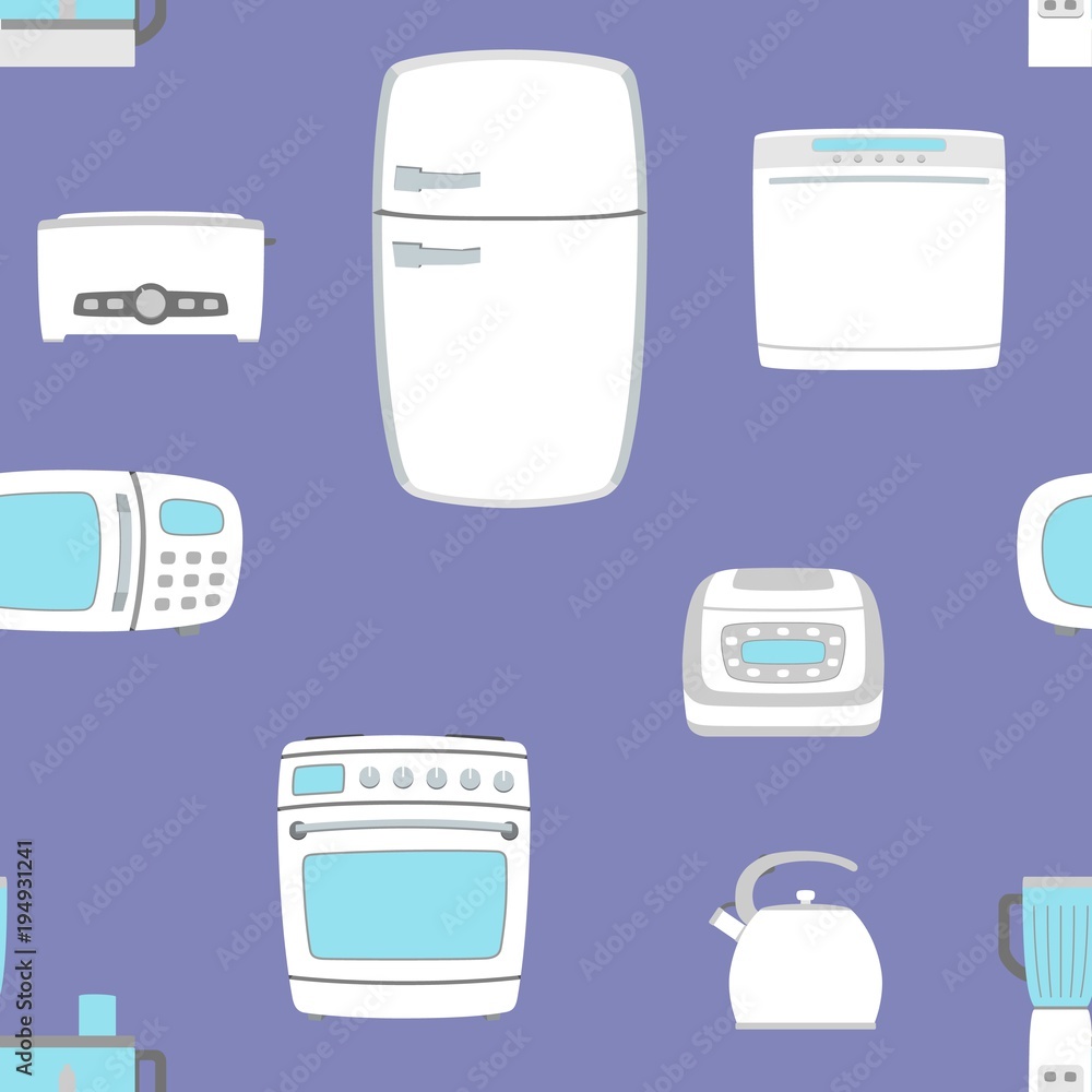 Kitchen appliance set seamless background. Refrigerator, dishwasher, oven, kettle, multicooker, blender mixer microwave toster Vector illustratoin