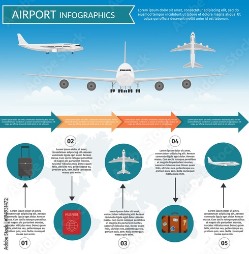 Airport passenger terminal and waiting room. International arrival departures background vector illustration airplane of infographic
