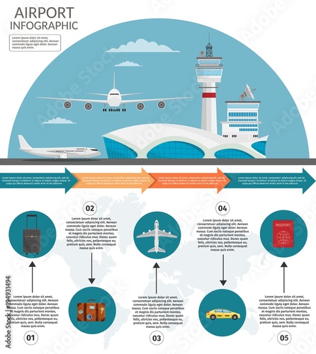 Airport passenger terminal and waiting room. International arrival departures background vector illustration airplane of infographic