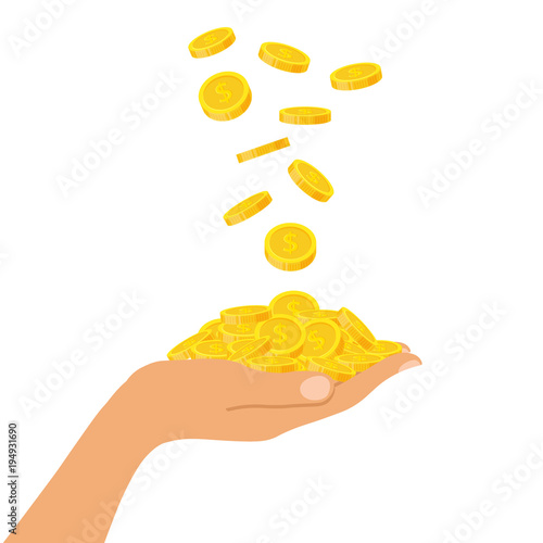 Hand holding a pile of coins falling from above, icon flat finance heap, fall dollar coin pile. Golden money lying on the palm of hand isolated on white background - vector illustration