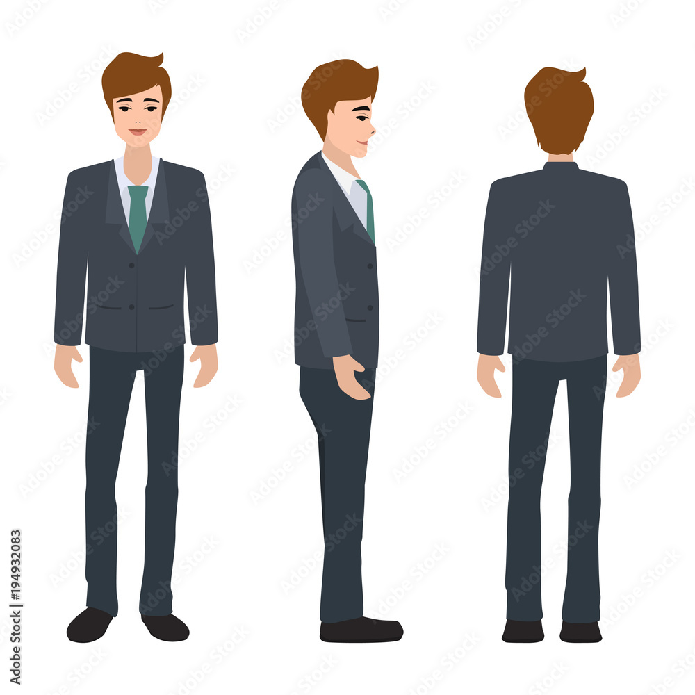 Vector illustration of business man in official suit clothes. young man in front view,side view,back view.