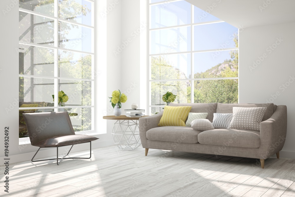 Fototapeta premium Idea of white room with sofa and summer landscape in window. Scandinavian interior design. 3D illustration