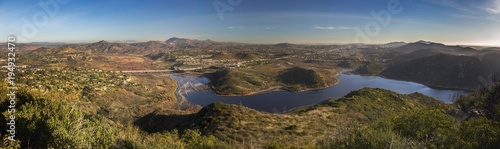 Wide Scenic Panoramic Landscape View of Lake Hodges and San Diego County North Inland from summit of Bernardo Mountain Peak in Poway California
