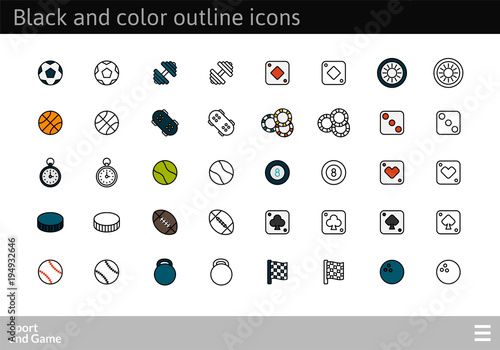Black and color outline icons, thin stroke line style design