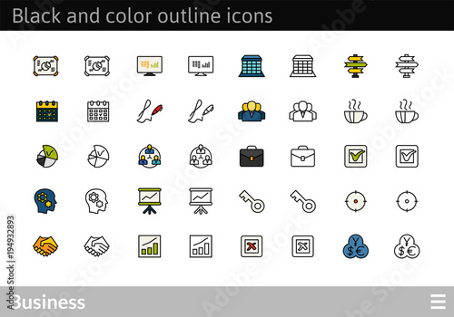 Black and color outline icons, thin stroke line style design