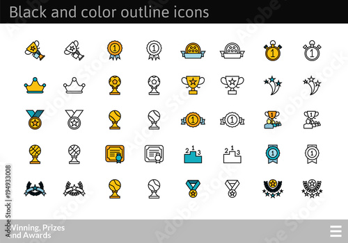 Black and color outline icons, thin stroke line style design