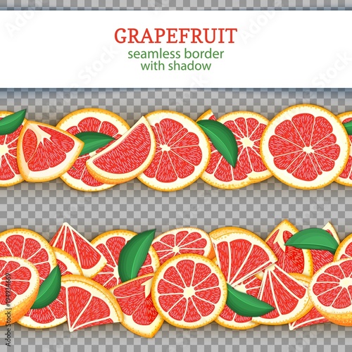 Ripe grapefruit fruit horizontal seamless borders. Vector illustration card Wide and narrow endless strip with red pomelo for design of food packaging juice breakfast, cosmetics, tea, detox diet.