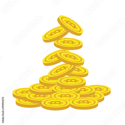 Golden Bitcoins and New Virtual money concept, 3d rendering isolated on white background. Stacks of many gold coins with icon