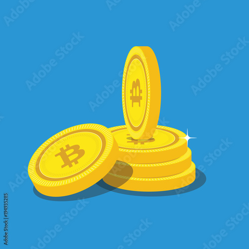Golden Bitcoins and New Virtual money concept, 3d rendering isolated on white background. Stacks of many gold coins with icon
