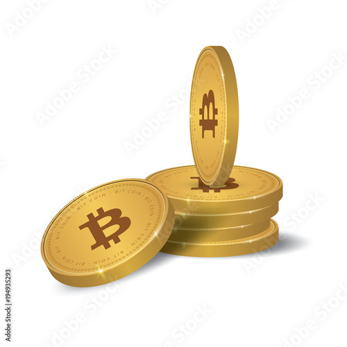 Golden Bitcoins and New Virtual money concept, 3d rendering isolated on white background. Stacks of many gold coins with icon