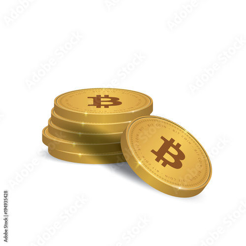 Golden Bitcoins and New Virtual money concept, 3d rendering isolated on white background. Stacks of many gold coins with icon