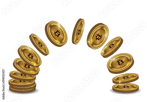 Golden Bitcoins and New Virtual money concept, 3d rendering isolated on white background. Stacks of many gold coins with icon