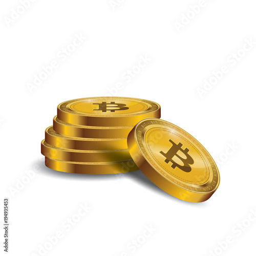 Golden Bitcoins and New Virtual money concept, 3d rendering isolated on white background. Stacks of many gold coins with icon