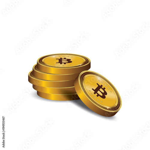 Golden Bitcoins and New Virtual money concept, 3d rendering isolated on white background. Stacks of many gold coins with icon
