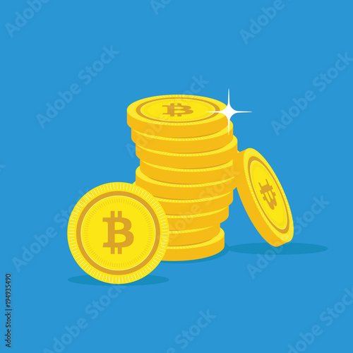 Golden Bitcoins and New Virtual money concept, 3d rendering isolated on white background. Stacks of many gold coins with icon