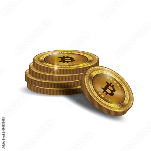 Golden Bitcoins and New Virtual money concept, 3d rendering isolated on white background. Stacks of many gold coins with icon