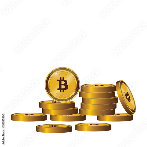 Golden Bitcoins and New Virtual money concept, 3d rendering isolated on white background. Stacks of many gold coins with icon