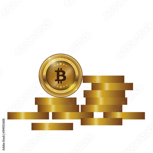 Golden Bitcoins and New Virtual money concept, 3d rendering isolated on white background. Stacks of many gold coins with icon