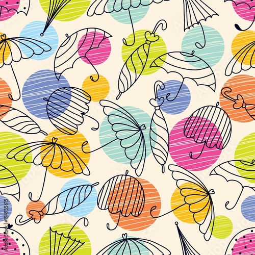 Cute umbrellas. Linear seamless pattern with bright polka dots.