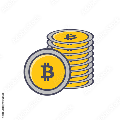 Golden Bitcoins and New Virtual money concept, 3d rendering isolated on white background. Stacks of many gold coins with icon
