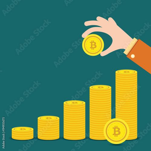 Golden Bitcoins and New Virtual money concept, 3d rendering isolated on white background. Stacks of many gold coins with icon