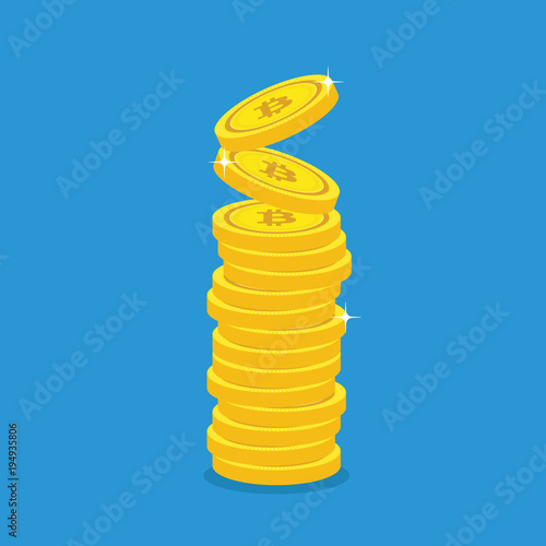 Golden Bitcoins and New Virtual money concept, 3d rendering isolated on white background. Stacks of many gold coins with icon
