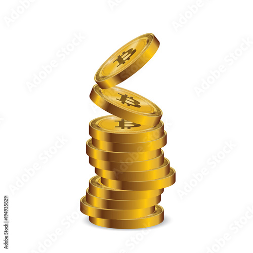 Golden Bitcoins and New Virtual money concept, 3d rendering isolated on white background. Stacks of many gold coins with icon
